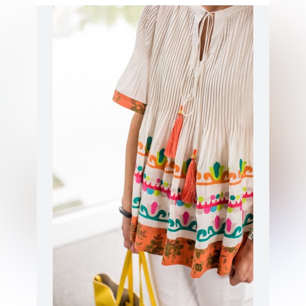 HEMANT & NANDITA Boho Peasant Silk/Cotton Embroidered Pleat Tassel Keyhole Top S